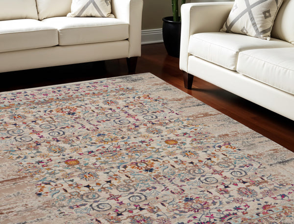 Homeroots 8' X 10' Ivory & Brown Floral Distressed Non-skid Area Rug - Durable, Stain-resistant, Kid & Pet Friendly!  Polypropylene 550435