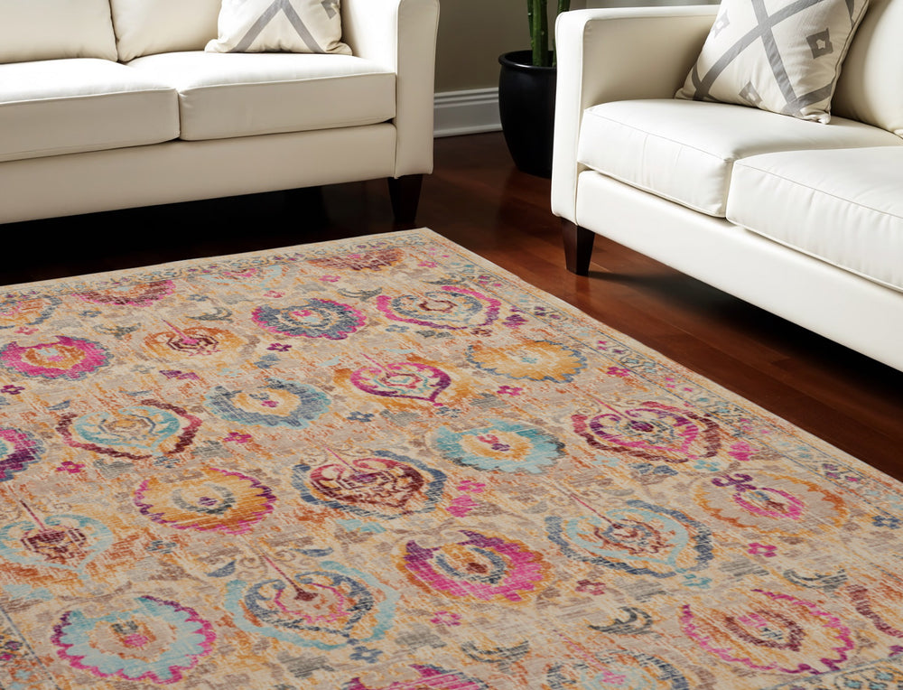 Homeroots 8' X 10' Floral Distressed Non-skid Area Rug In Ivory, Pink & Orange - Durable, Stain Resistant Style!  Polypropylene 550436