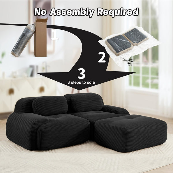 English Elm 82'' Modular L-shaped Sectional Sofa Corduroy Upholstery Curved Arms for Living Rooms Black W714S01273