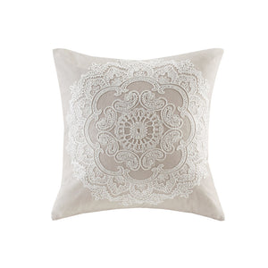 JLA Home Harbor House Blue - Square Embroidered Medallion Pillow 18x18 in — Taupe Cotton Faux-Linen, Chain-Stitch Texture, Coastal Elegance HH30-1650