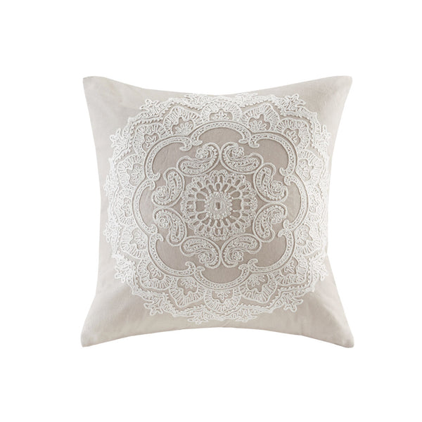 JLA Home Harbor House Blue - Square Embroidered Medallion Pillow 18x18 in — Taupe Cotton Faux-Linen, Chain-Stitch Texture, Coastal Elegance HH30-1650