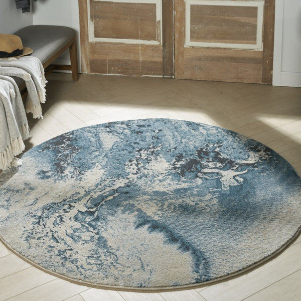 HomeRoots 5' Teal and Ivory Abstract Round Rug – Stylish, Stain-Resistant, Non-Skid Design for Any Room! 5' Round 550442
