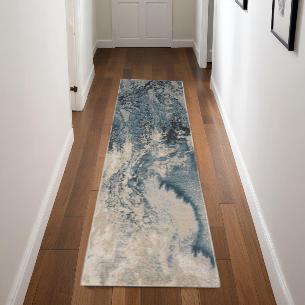 Homeroots 8' Ivory Teal Blue And Black Abstract Non Skid Runner Rug  Polyester 550445