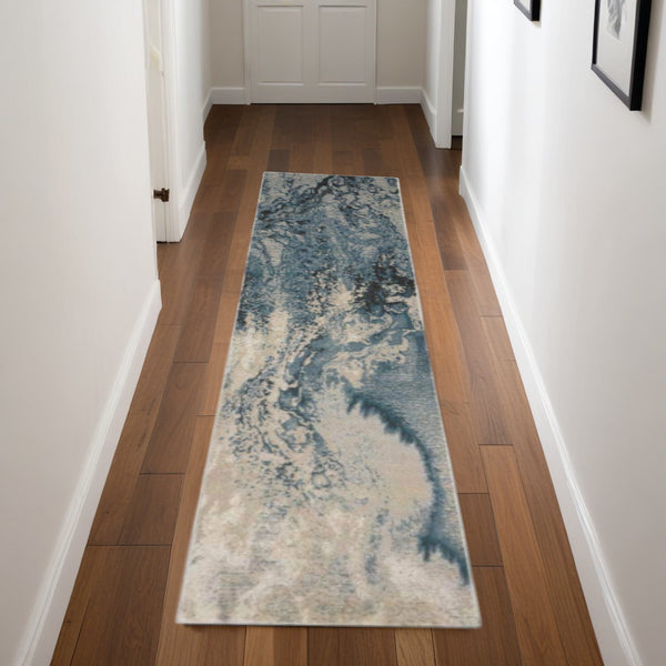 Homeroots 8' Ivory Teal Blue And Black Abstract Non Skid Runner Rug  Polyester 550445