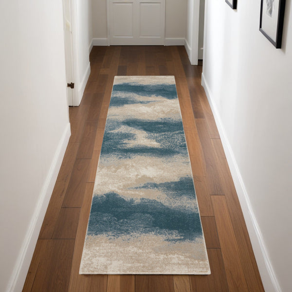 Homeroots 8' Teal And Ivory Abstract Non Skid Runner Rug  Polyester 550446