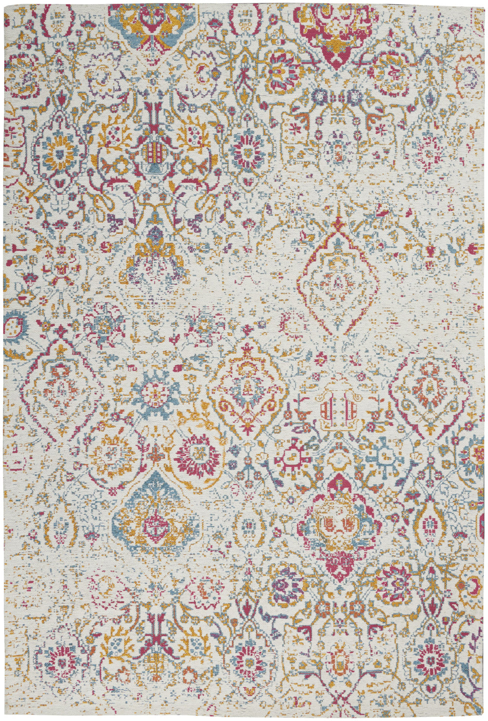 Homeroots 5' X 7' Ivory Red And Yellow Damask Distressed Area Rug  Polyester 550449