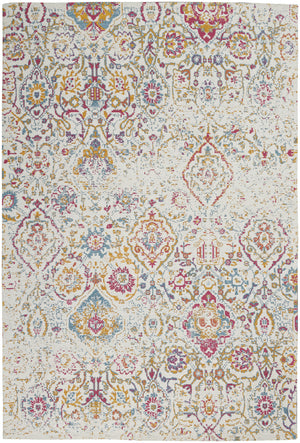 Homeroots 5' X 7' Ivory Red And Yellow Damask Distressed Area Rug  Polyester 550449