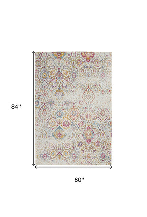 Homeroots 5' X 7' Ivory Red And Yellow Damask Distressed Area Rug  Polyester 550449