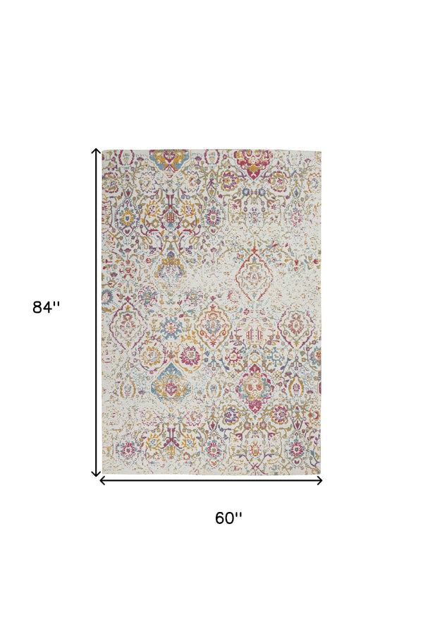 Homeroots 5' X 7' Ivory Red And Yellow Damask Distressed Area Rug  Polyester 550449