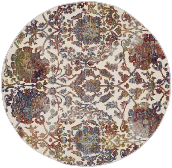 Homeroots 4' White And Golden Brown Floral Distressed Non Skid Round Rug  Polypropylene,Polyester 550453