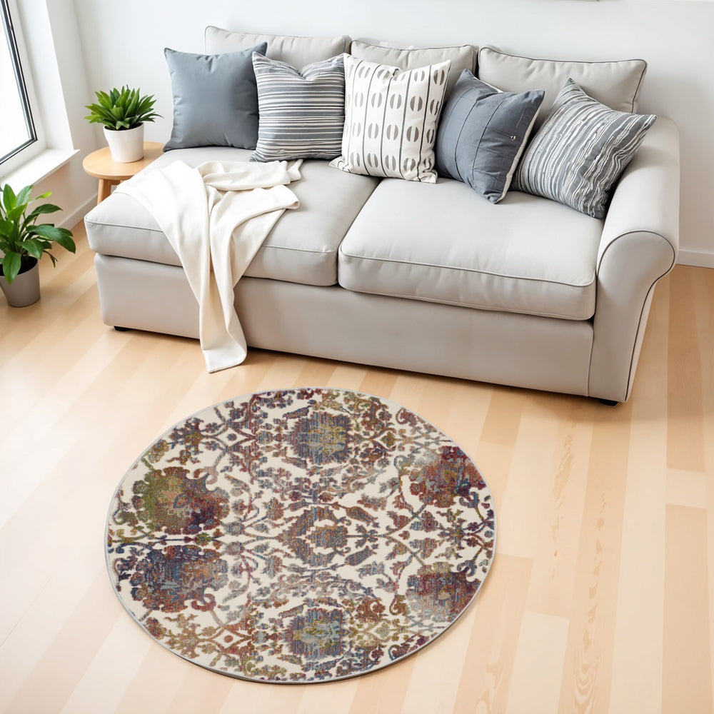 Homeroots 4' White And Golden Brown Floral Distressed Non Skid Round Rug  Polypropylene,Polyester 550453