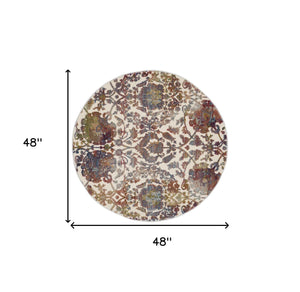 Homeroots 4' White And Golden Brown Floral Distressed Non Skid Round Rug  Polypropylene,Polyester 550453