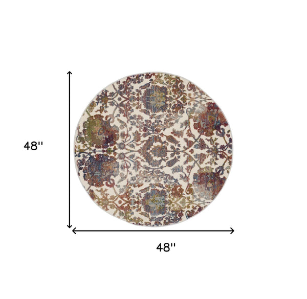 Homeroots 4' White And Golden Brown Floral Distressed Non Skid Round Rug  Polypropylene,Polyester 550453