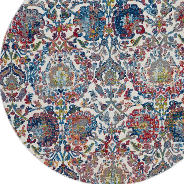 Homeroots 4' Ivory Blue And Yellow Floral Distressed Non Skid Round Rug  Polypropylene,Polyester 550454