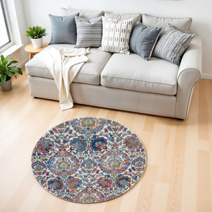 Homeroots 4' Ivory Blue And Yellow Floral Distressed Non Skid Round Rug  Polypropylene,Polyester 550454