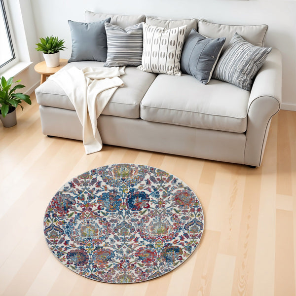 Homeroots 4' Ivory Blue And Yellow Floral Distressed Non Skid Round Rug  Polypropylene,Polyester 550454