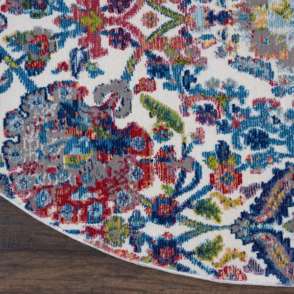 Homeroots 4' Ivory Blue And Yellow Floral Distressed Non Skid Round Rug  Polypropylene,Polyester 550454