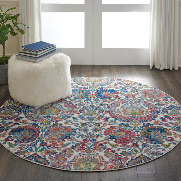 Homeroots 4' Ivory Blue And Yellow Floral Distressed Non Skid Round Rug  Polypropylene,Polyester 550454