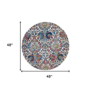 Homeroots 4' Ivory Blue And Yellow Floral Distressed Non Skid Round Rug  Polypropylene,Polyester 550454
