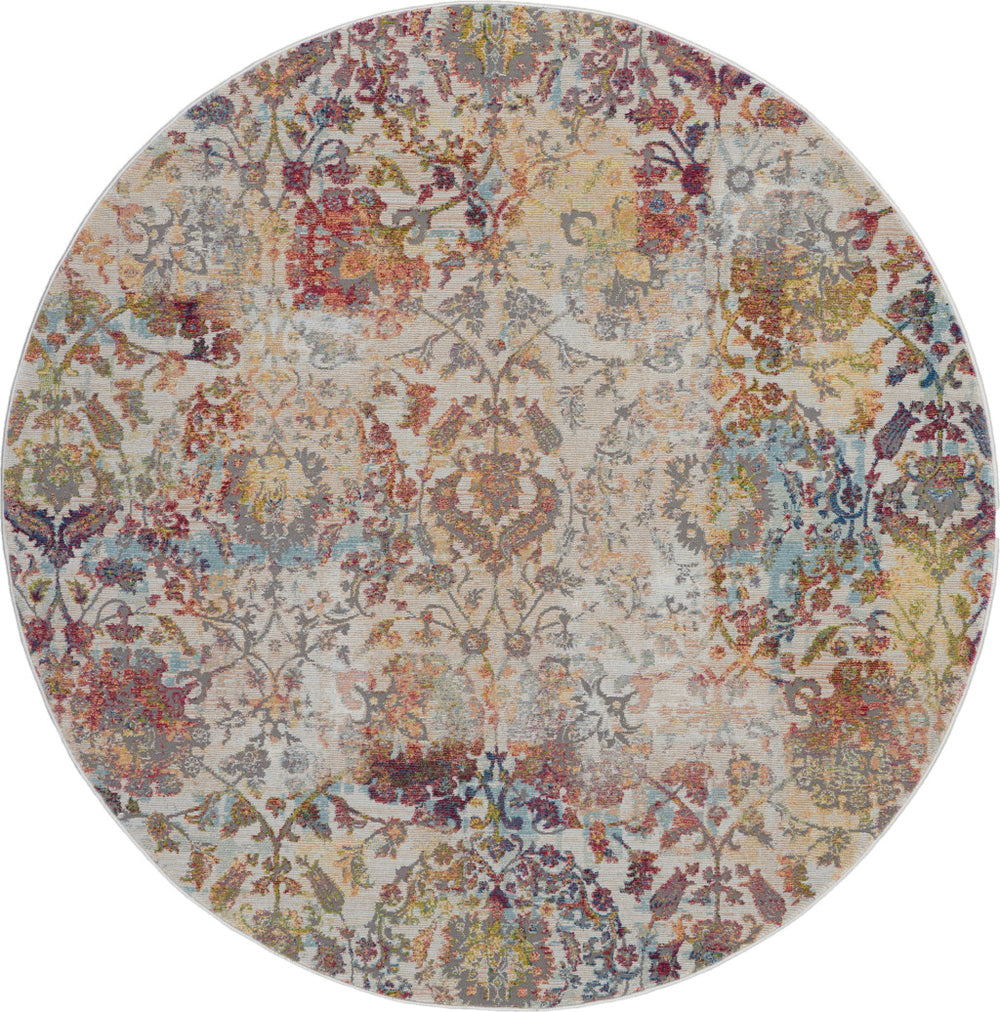 Homeroots 4' Orange And Ivory Floral Distressed Non Skid Round Rug  Polypropylene,Polyester 550455