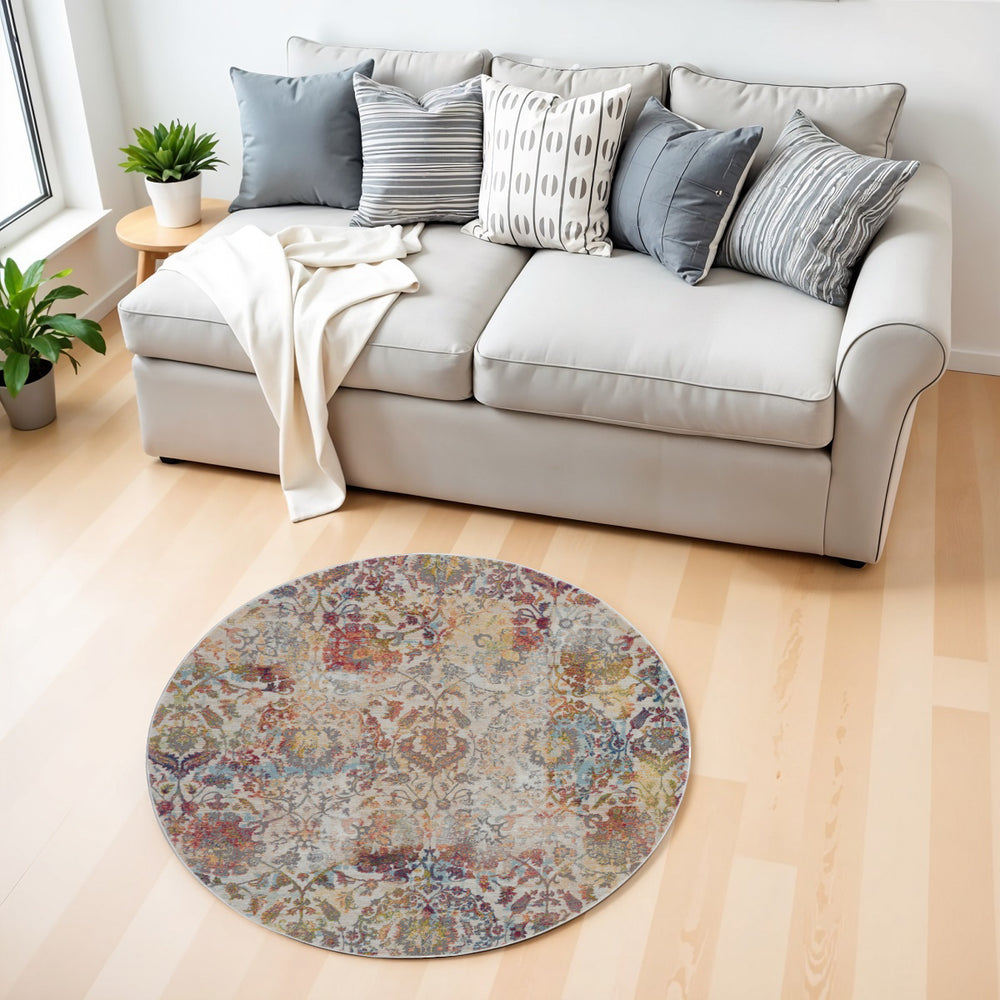Homeroots 4' Orange And Ivory Floral Distressed Non Skid Round Rug  Polypropylene,Polyester 550455