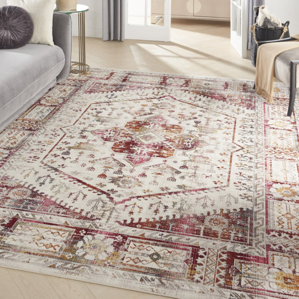 HomeRoots 8' Floral Distressed Area Rug in Ivory, Red & Orange - Durable, Stain-Resistant, Non-Skid Design 8' X 10' 550459