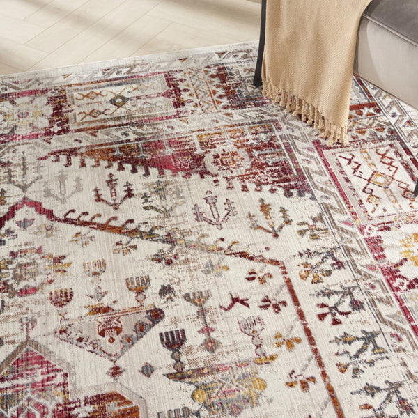 HomeRoots 8' Floral Distressed Area Rug in Ivory, Red & Orange - Durable, Stain-Resistant, Non-Skid Design 8' X 10' 550459