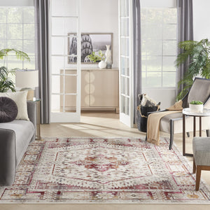 HomeRoots 8' Floral Distressed Area Rug in Ivory, Red & Orange - Durable, Stain-Resistant, Non-Skid Design 8' X 10' 550459