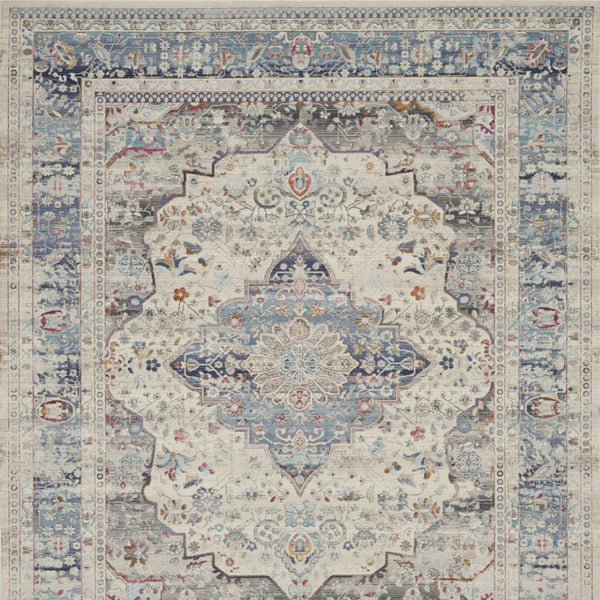 Homeroots 8' X 10' Elegant Ivory Blue & Orange Floral Medallion Rug - Durable, Stain Resistant, Non-skid Design!  Polypropylene 550470