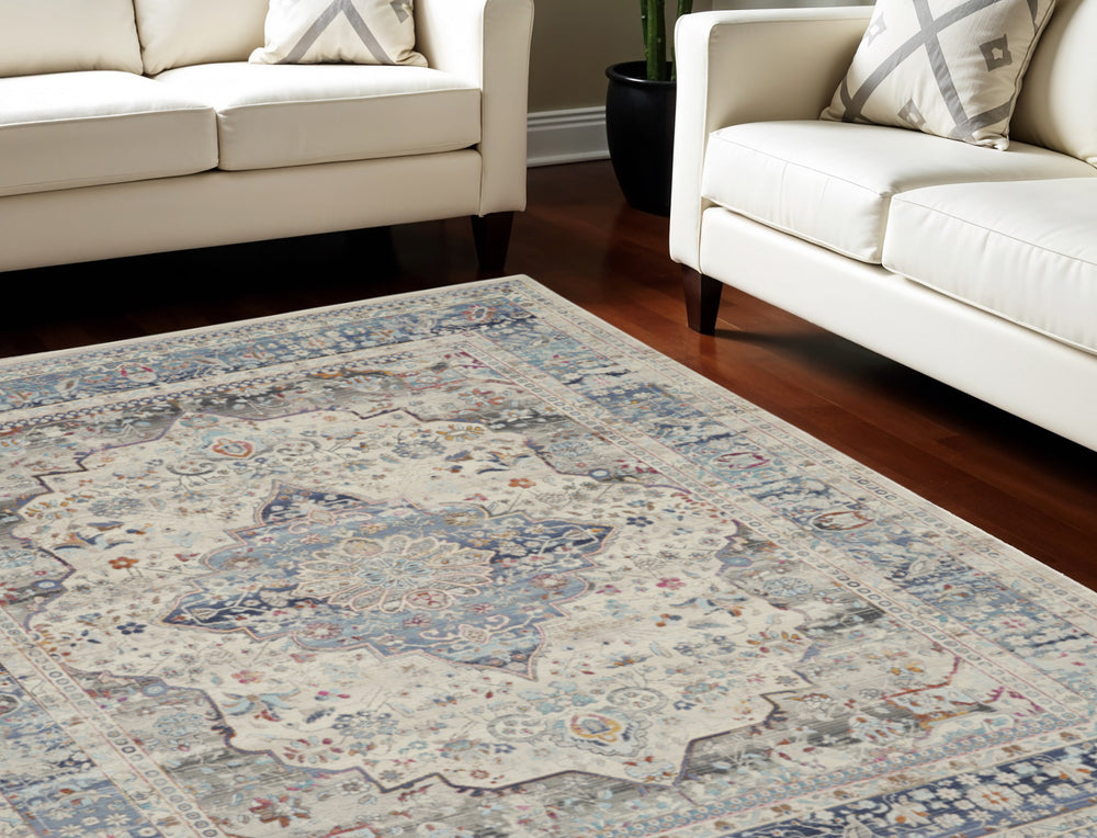 Homeroots 8' X 10' Elegant Ivory Blue & Orange Floral Medallion Rug - Durable, Stain Resistant, Non-skid Design!  Polypropylene 550470