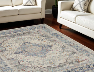 Homeroots 8' X 10' Elegant Ivory Blue & Orange Floral Medallion Rug - Durable, Stain Resistant, Non-skid Design!  Polypropylene 550470