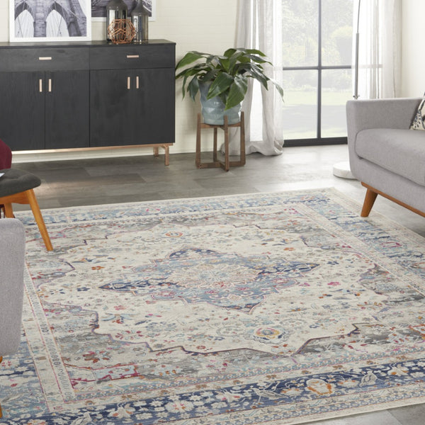 HomeRoots 8' Timeless Transitional Ivory Blue Orange Floral Medallion Area Rug for Stylish Living Spaces 8' X 10' 550470