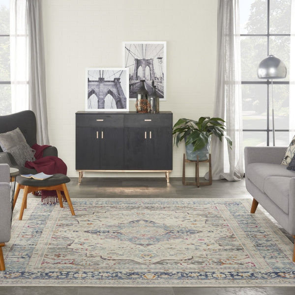 HomeRoots 8' Timeless Transitional Ivory Blue Orange Floral Medallion Area Rug for Stylish Living Spaces 8' X 10' 550470