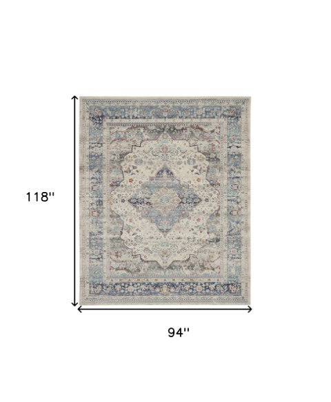 Homeroots 8' X 10' Elegant Ivory Blue & Orange Floral Medallion Rug - Durable, Stain Resistant, Non-skid Design!  Polypropylene 550470