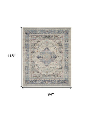Homeroots 8' X 10' Elegant Ivory Blue & Orange Floral Medallion Rug - Durable, Stain Resistant, Non-skid Design!  Polypropylene 550470