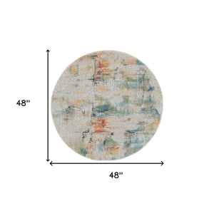 Homeroots 4' Ivory Blue And Orange Abstract Distressed Non Skid Round Rug  Polypropylene,Polyester 550472