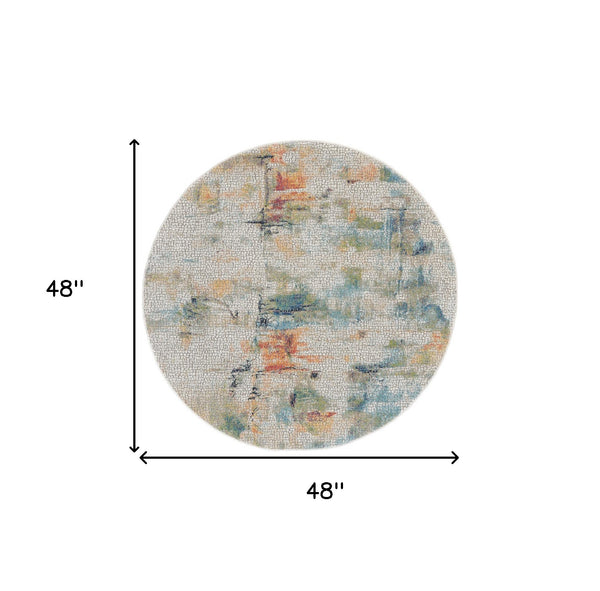 Homeroots 4' Ivory Blue And Orange Abstract Distressed Non Skid Round Rug  Polypropylene,Polyester 550472
