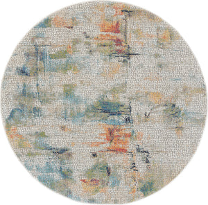 Homeroots 4' Ivory Blue And Orange Abstract Distressed Non Skid Round Rug  Polypropylene,Polyester 550472