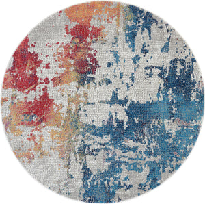 Homeroots 4' Ivory Red And Blue Abstract Distressed Non Skid Round Rug  Polypropylene,Polyester 550473