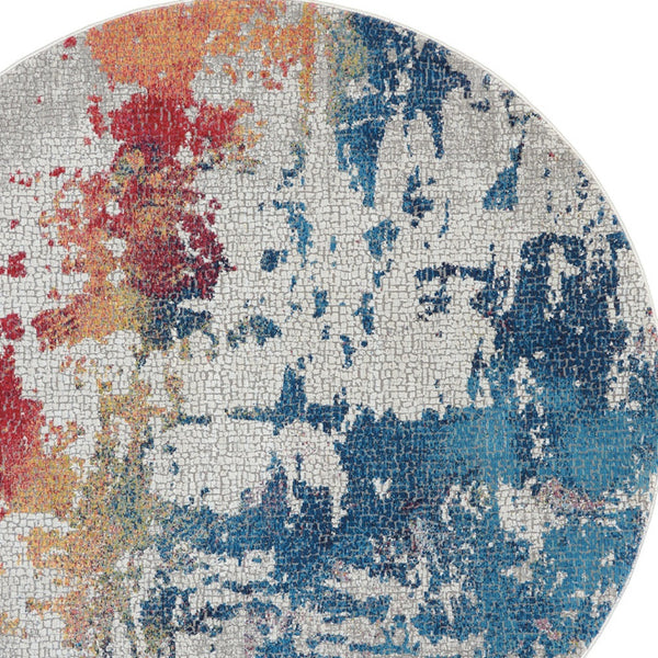 Homeroots 4' Ivory Red And Blue Abstract Distressed Non Skid Round Rug  Polypropylene,Polyester 550473