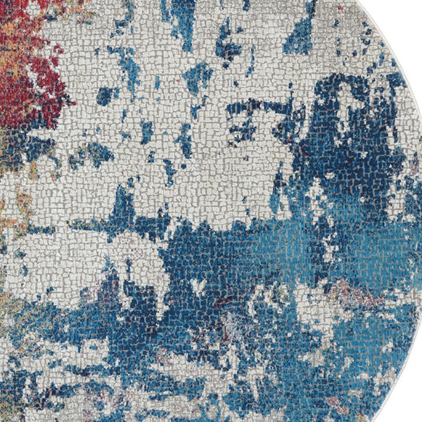 Homeroots 4' Ivory Red And Blue Abstract Distressed Non Skid Round Rug  Polypropylene,Polyester 550473