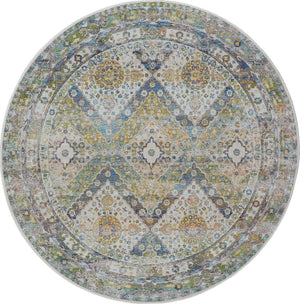 Homeroots 4' Ivory Blue And Green Floral Medallion Distressed Non Skid Round Rug  Polypropylene,Polyester 550474