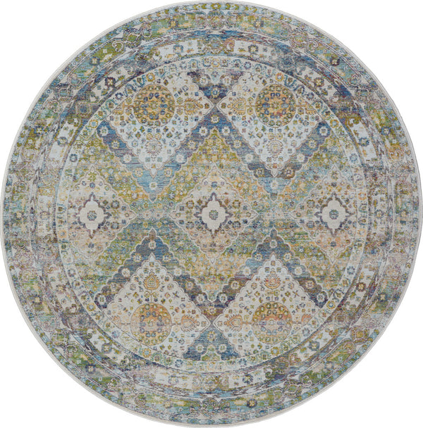 Homeroots 4' Ivory Blue And Green Floral Medallion Distressed Non Skid Round Rug  Polypropylene,Polyester 550474