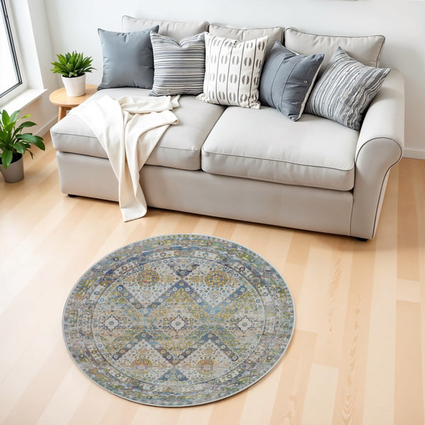 Homeroots 4' Ivory Blue And Green Floral Medallion Distressed Non Skid Round Rug  Polypropylene,Polyester 550474