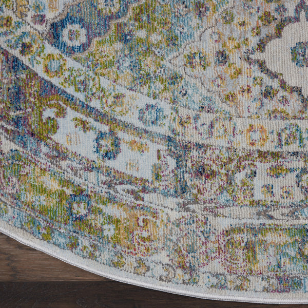 Homeroots 4' Ivory Blue And Green Floral Medallion Distressed Non Skid Round Rug  Polypropylene,Polyester 550474