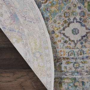 Homeroots 4' Ivory Blue And Green Floral Medallion Distressed Non Skid Round Rug  Polypropylene,Polyester 550474