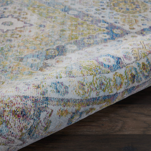 Homeroots 4' Ivory Blue And Green Floral Medallion Distressed Non Skid Round Rug  Polypropylene,Polyester 550474