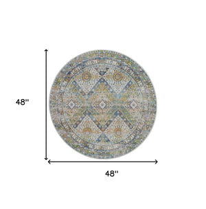 Homeroots 4' Ivory Blue And Green Floral Medallion Distressed Non Skid Round Rug  Polypropylene,Polyester 550474