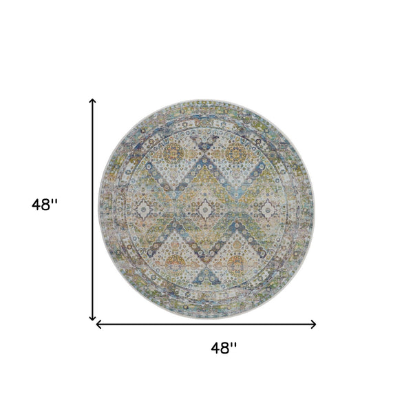 Homeroots 4' Ivory Blue And Green Floral Medallion Distressed Non Skid Round Rug  Polypropylene,Polyester 550474