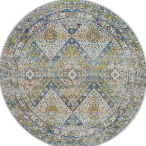 Homeroots 4' Ivory Blue And Green Floral Medallion Distressed Non Skid Round Rug  Polypropylene,Polyester 550474
